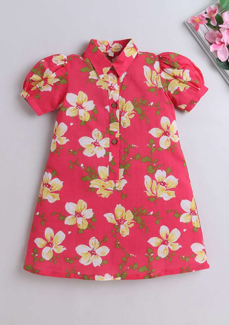 Pink Printed Cotton Dress For Girls - Indya