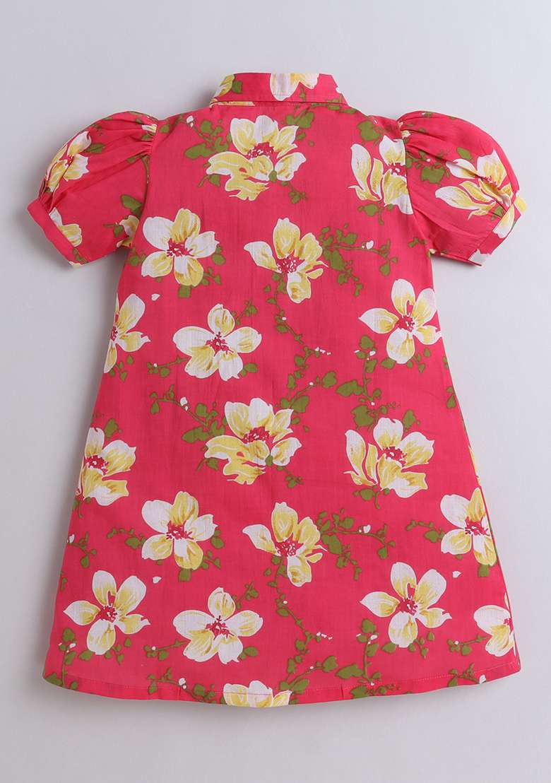 Pink Printed Cotton Dress For Girls - Indya