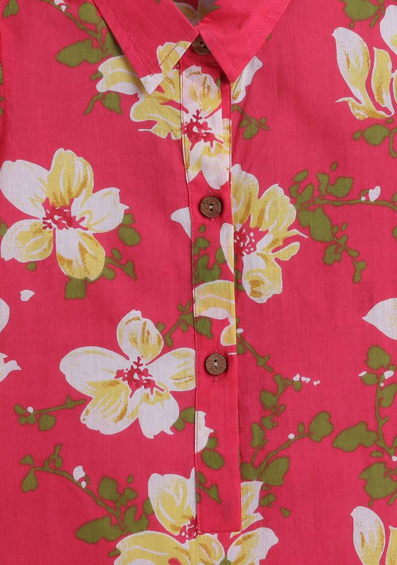 Pink Printed Cotton Dress For Girls - Indya