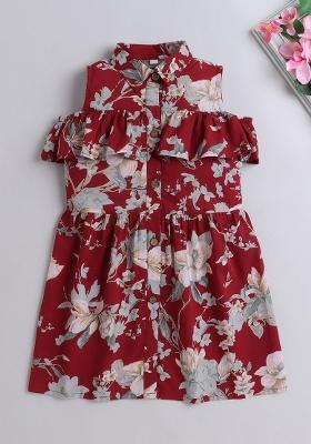 Maroon Printed Cotton Dress For Girls