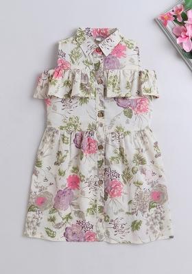 White Printed Cotton Dress For Girls