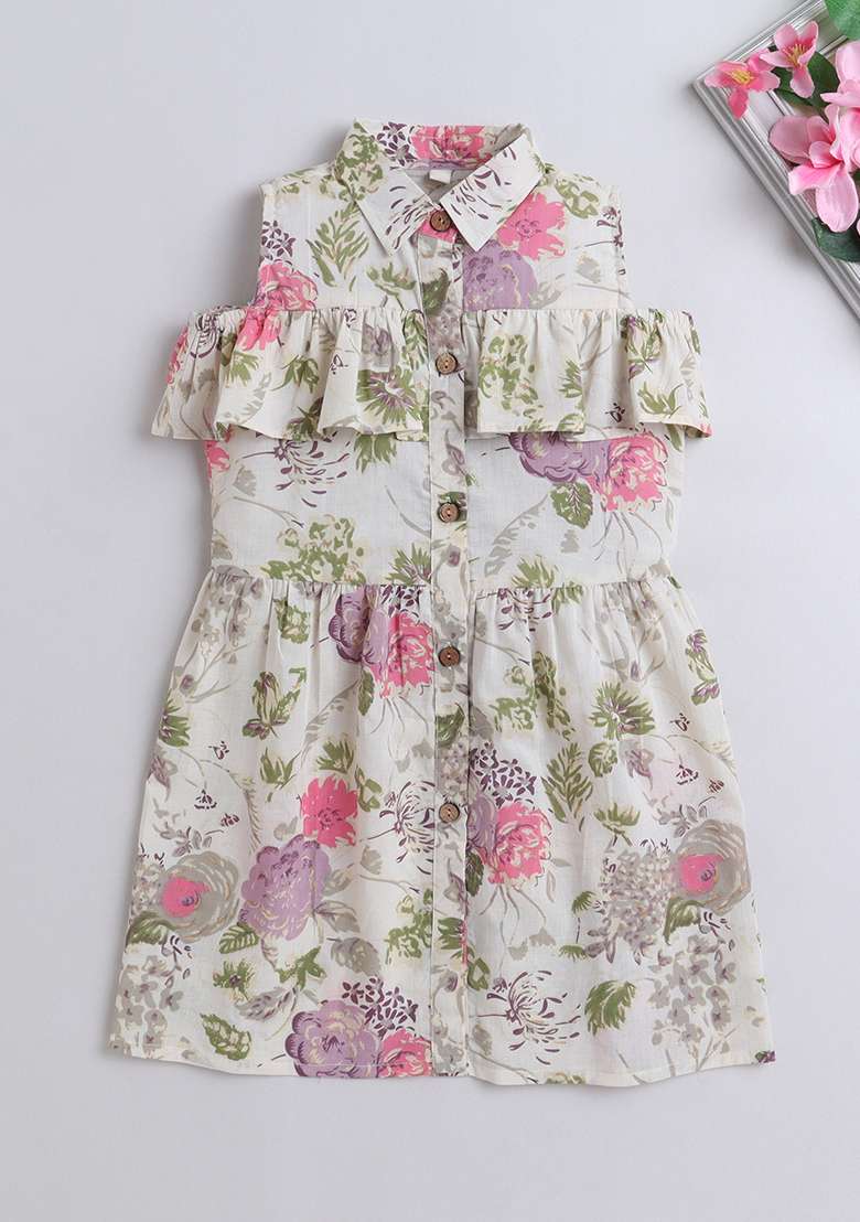 White Printed Cotton Dress For Girls - Indya