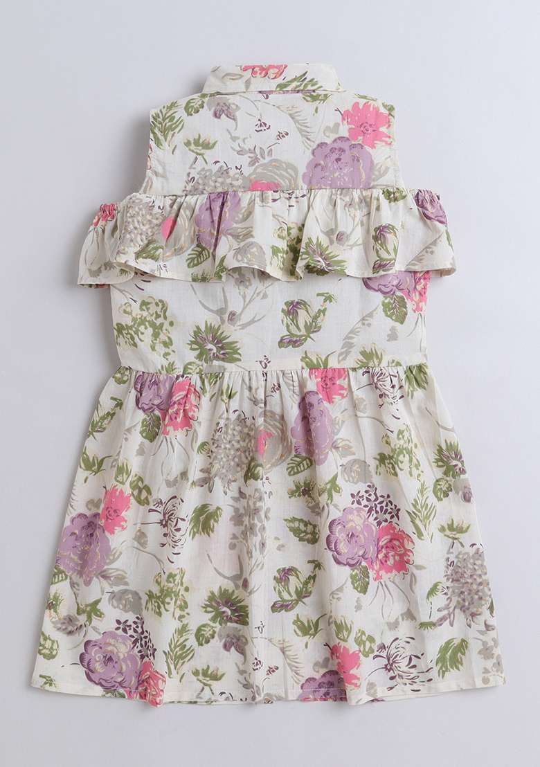 White Printed Cotton Dress For Girls - Indya