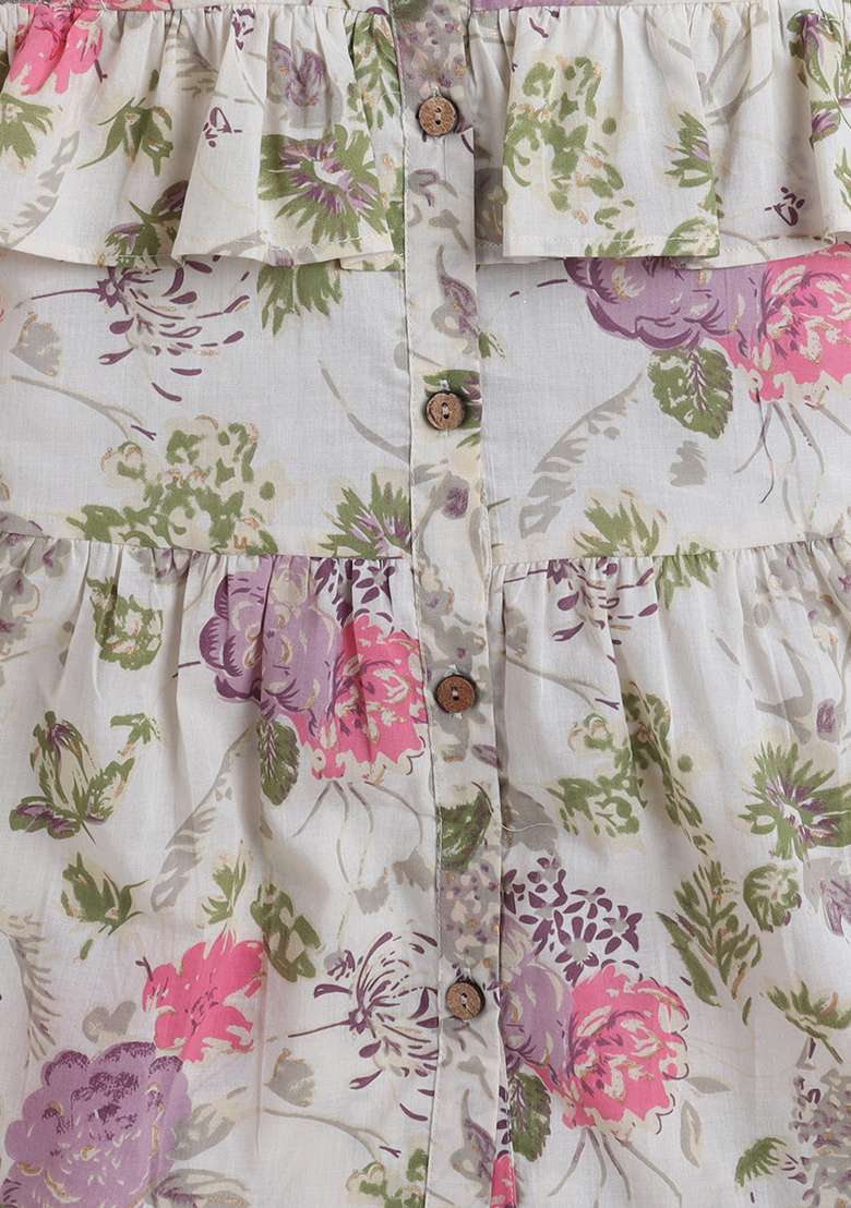 White Printed Cotton Dress For Girls - Indya