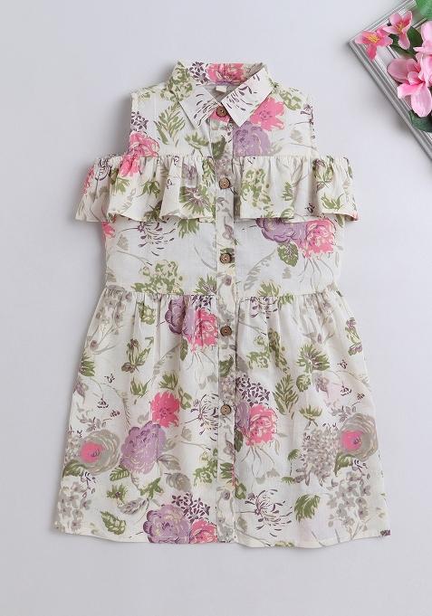 White Printed Cotton Dress For Girls