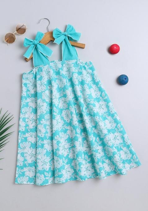 Blue Printed Cotton Dress For Girls