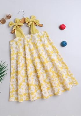 Yellow Printed Cotton Dress For Girls