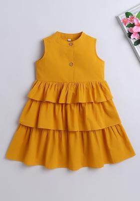 Red Solid Cotton Dress For Girls
