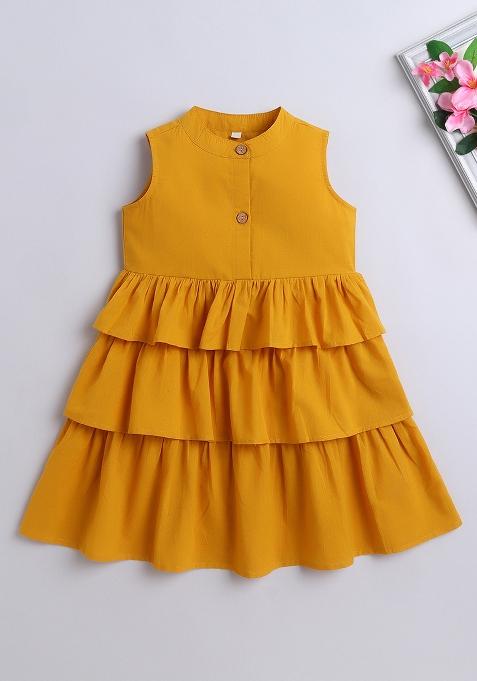 Red Solid Cotton Dress For Girls
