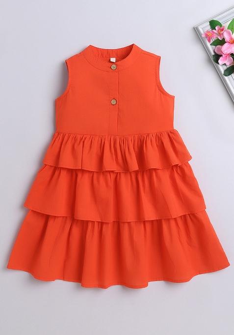 Orange Solid Cotton Dress For Girls