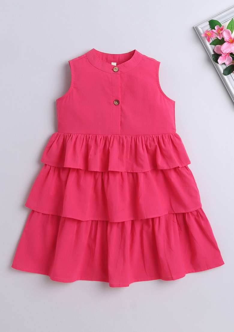 Pink Solid Cotton Dress For Girls - Indya