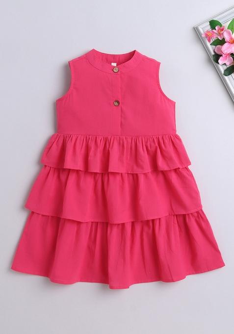 Pink Solid Cotton Dress For Girls