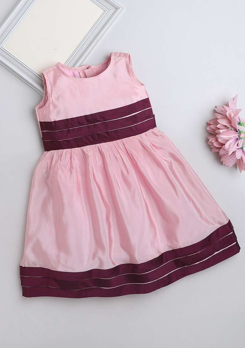 Pink Solid Polyester Dress For Girls - Indya