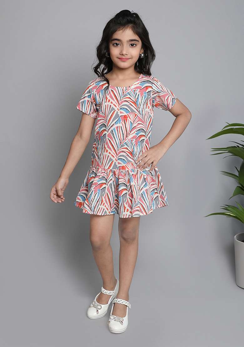 Pink Printed Cotton Dress For Girls - Indya