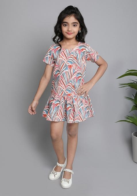 Pink Printed Cotton Dress For Girls