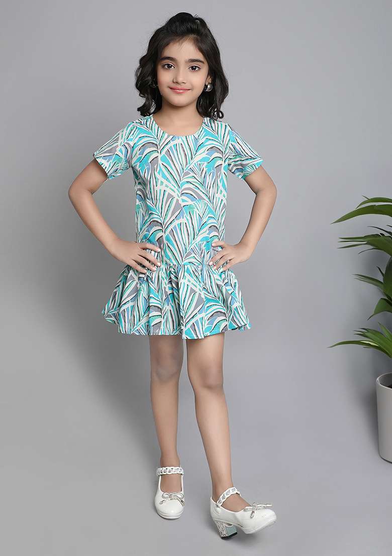 Blue Printed Cotton Dress For Girls - Indya