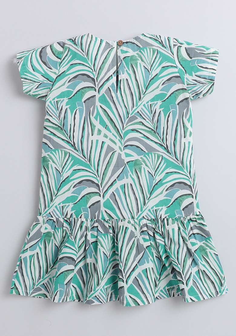 Blue Printed Cotton Dress For Girls - Indya