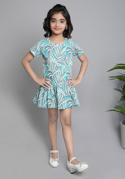 Blue Printed Cotton Dress For Girls