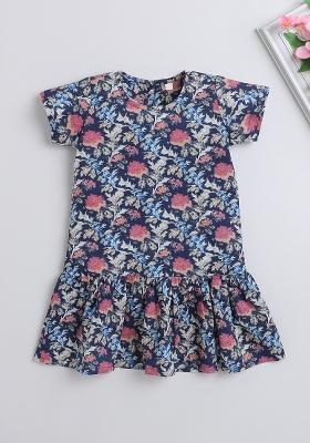 Blue Printed Cotton Dress For Girls