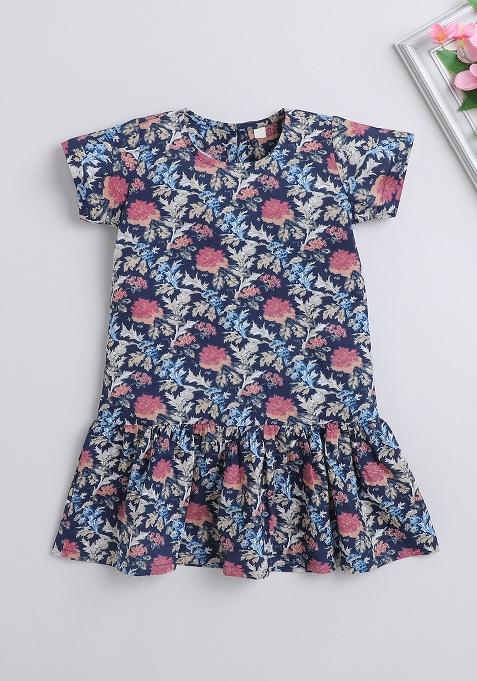 Blue Printed Cotton Dress For Girls