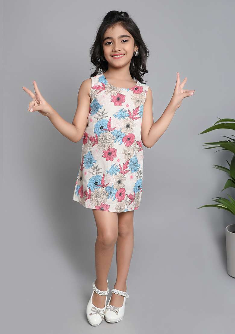 Pink Printed Cotton Dress For Girls - Indya