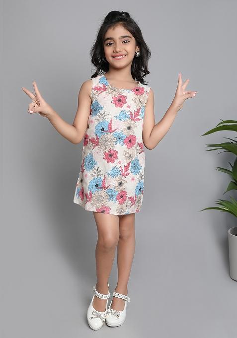 Pink Printed Cotton Dress For Girls