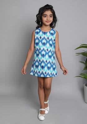 Blue Ikat Cotton Dress For Girls