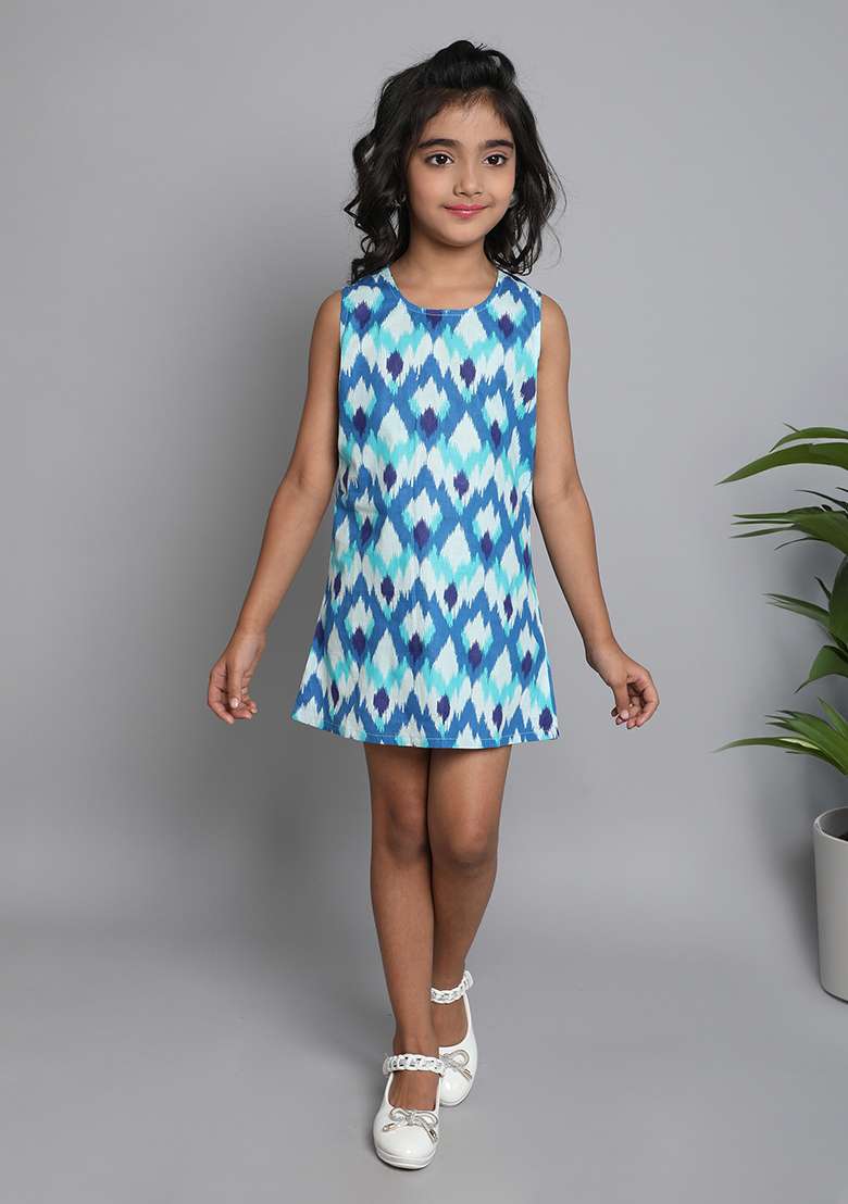 Blue Ikat Cotton Dress For Girls - Indya