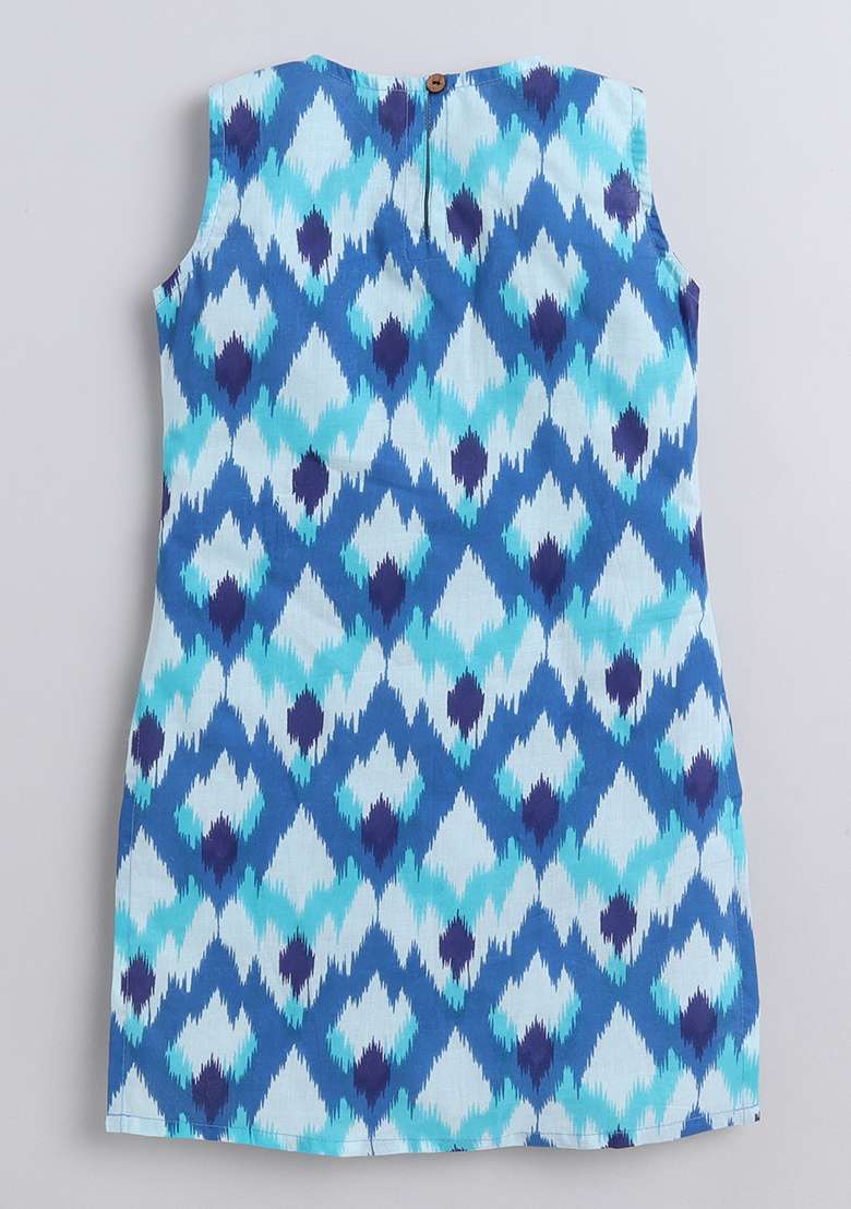 Blue Ikat Cotton Dress For Girls - Indya