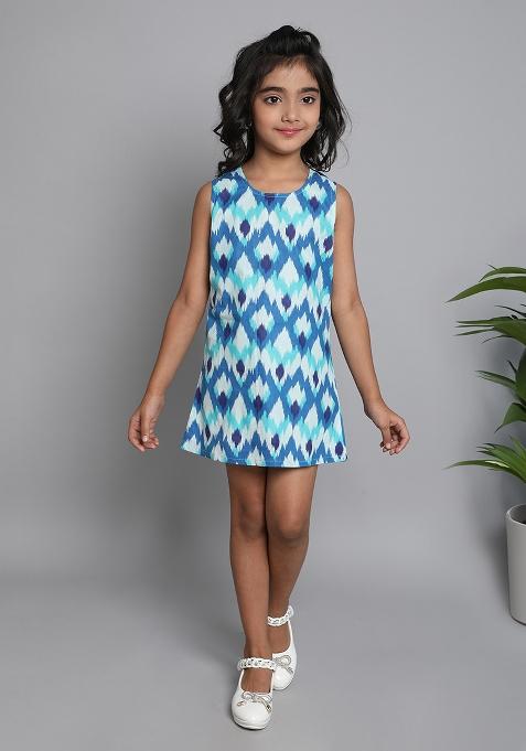 Blue Ikat Cotton Dress For Girls