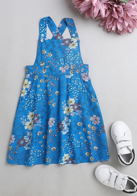 Blue Embroidered Cotton Dress For Girls