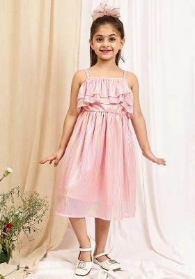 Pink Solid Poly Dress For Girls