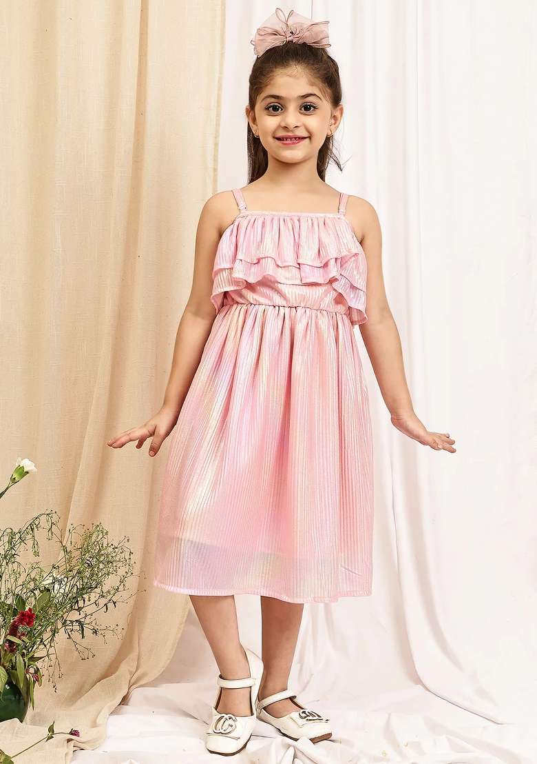 Pink Solid Poly Dress For Girls - Indya