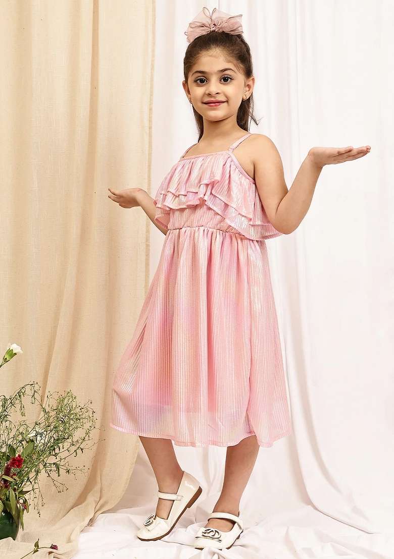Pink Solid Poly Dress For Girls - Indya