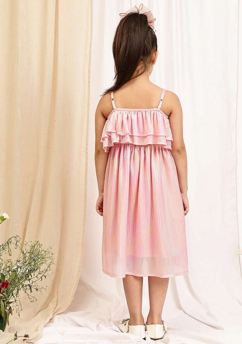 Pink Solid Poly Dress For Girls - Indya