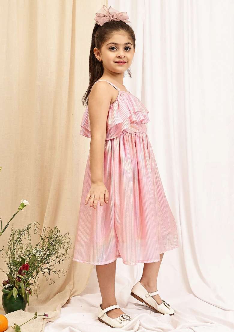 Pink Solid Poly Dress For Girls - Indya