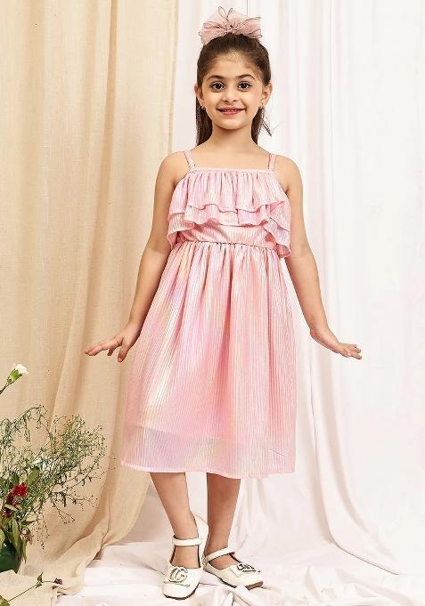Pink Solid Poly Dress For Girls