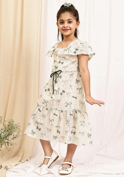 Green Floral Cotton Blend Dress For Girls