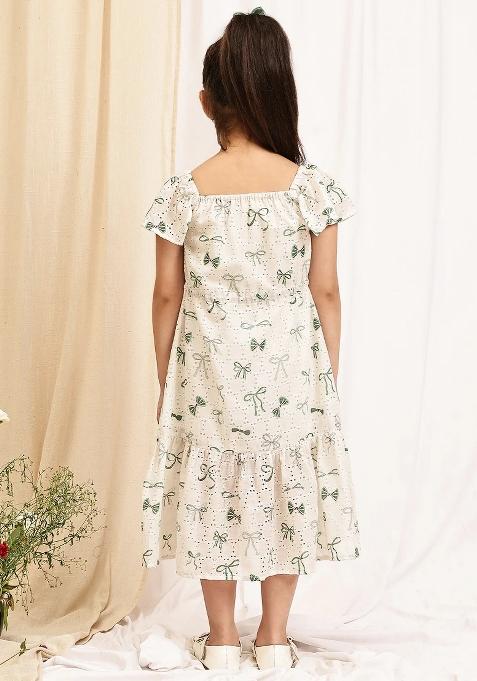 Green Floral Cotton Blend Dress For Girls