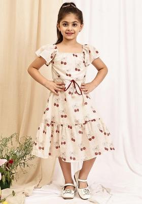 Beige Floral Cotton Blend Dress For Girls