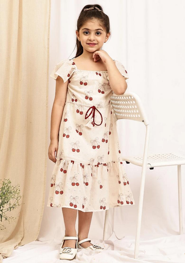 Beige Floral Cotton Blend Dress For Girls - Indya