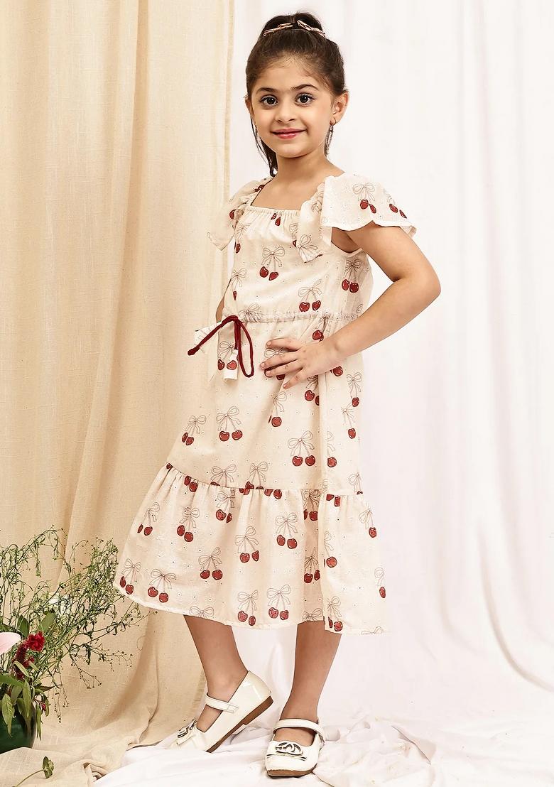 Beige Floral Cotton Blend Dress For Girls - Indya