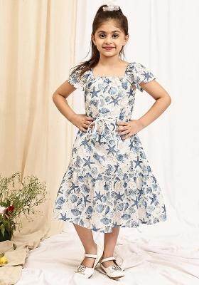 Sky Blue Floral Cotton Blend Dress For Girls