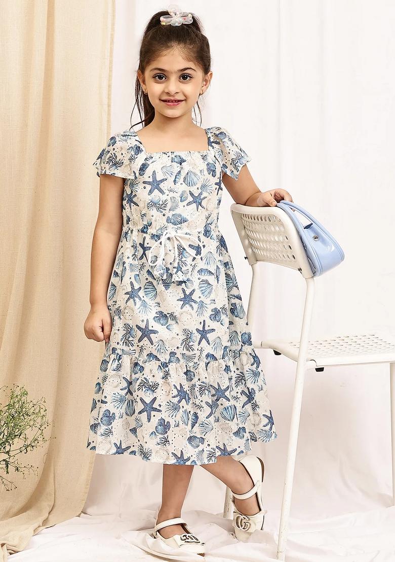 Sky Blue Floral Cotton Blend Dress For Girls