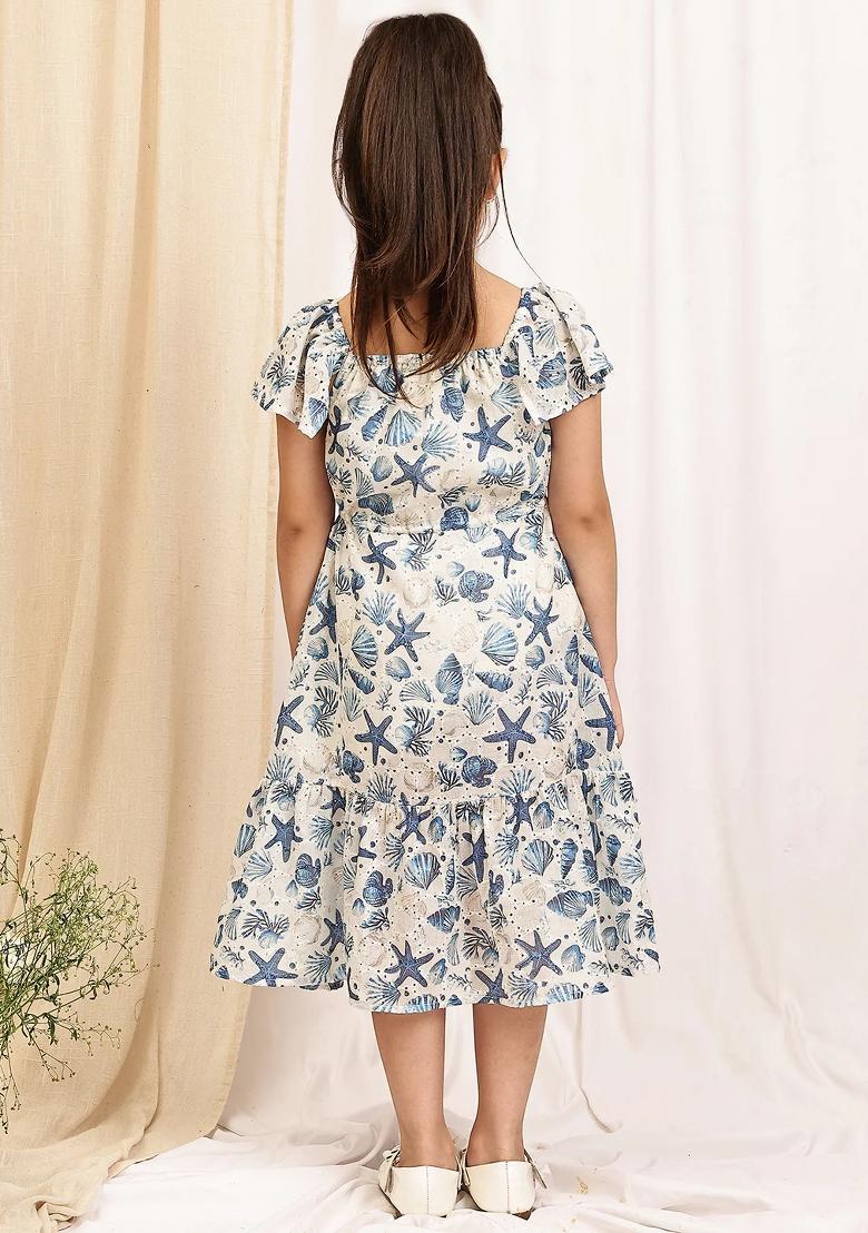 Sky Blue Floral Cotton Blend Dress For Girls