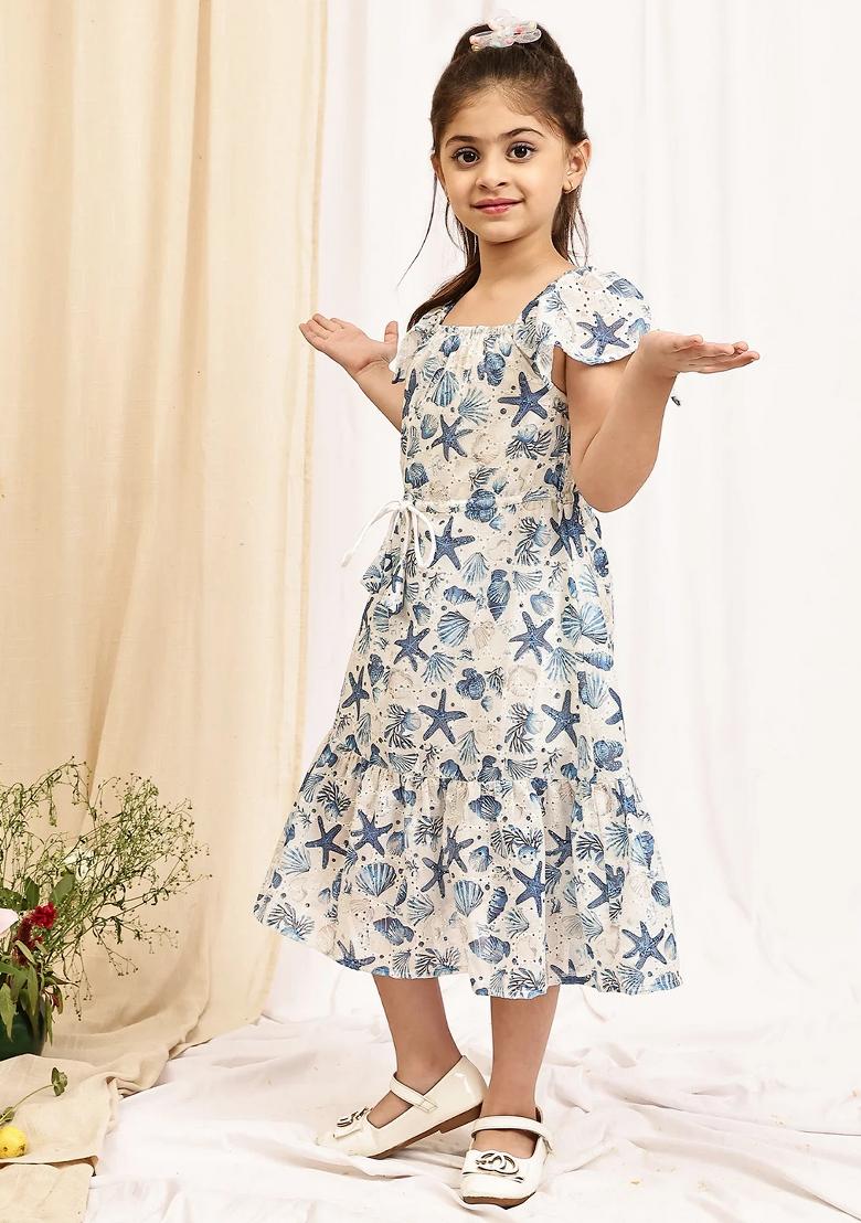 Sky Blue Floral Cotton Blend Dress For Girls