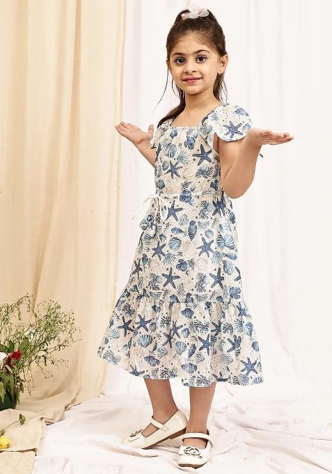 Sky Blue Floral Cotton Blend Dress For Girls