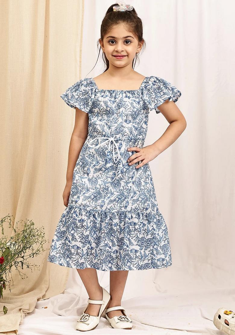 Blue Floral Cotton Blend Dress For Girls