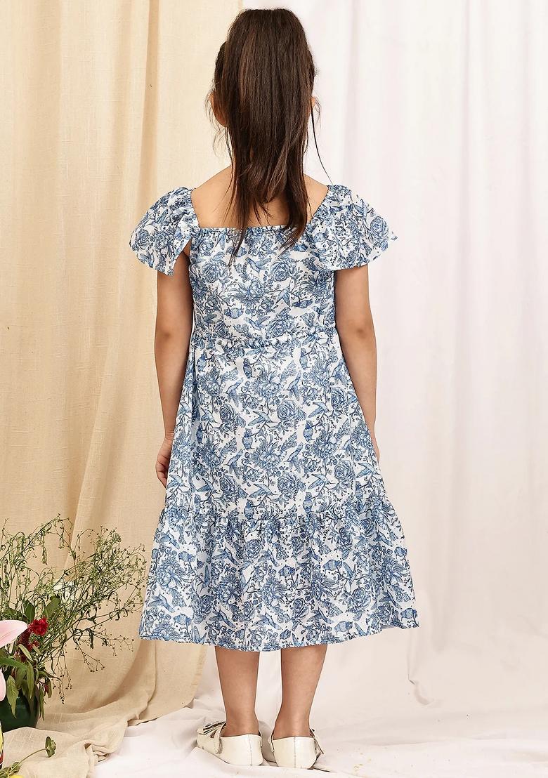 Blue Floral Cotton Blend Dress For Girls