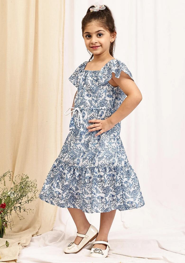Blue Floral Cotton Blend Dress For Girls